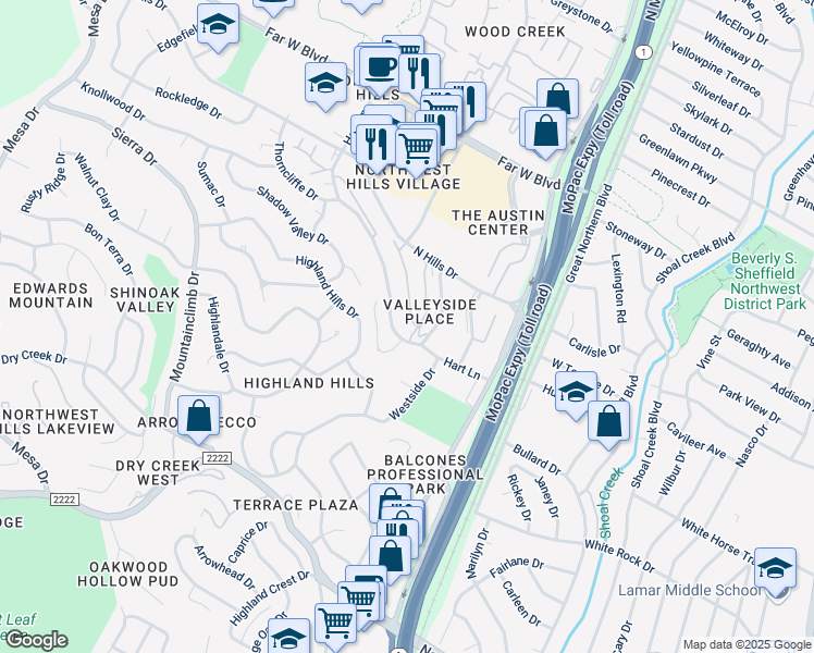 map of restaurants, bars, coffee shops, grocery stores, and more near 6470 Hart Lane in Austin