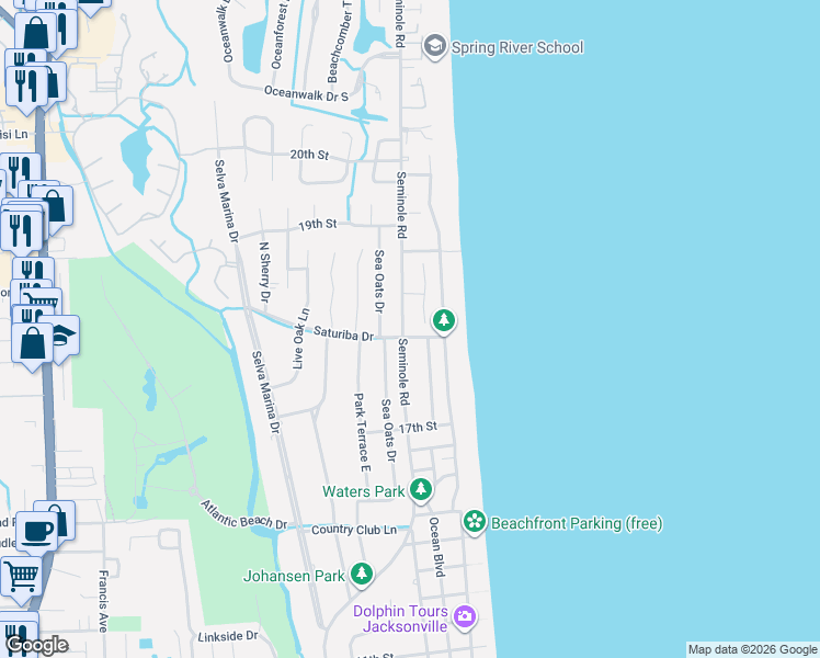 map of restaurants, bars, coffee shops, grocery stores, and more near 1850 Ocean Grove Drive in Atlantic Beach