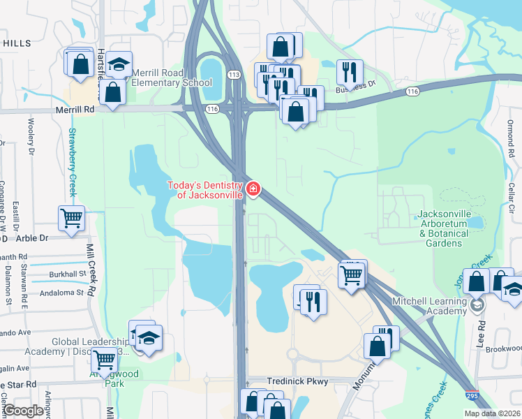 map of restaurants, bars, coffee shops, grocery stores, and more near 1584 Landau Road in Jacksonville