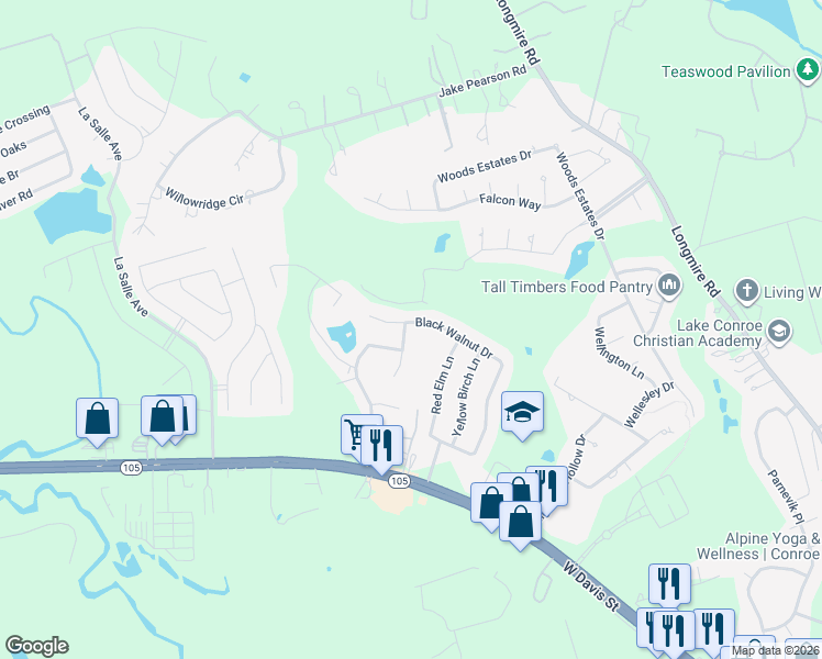 map of restaurants, bars, coffee shops, grocery stores, and more near 808 Dogberry Lane in Conroe