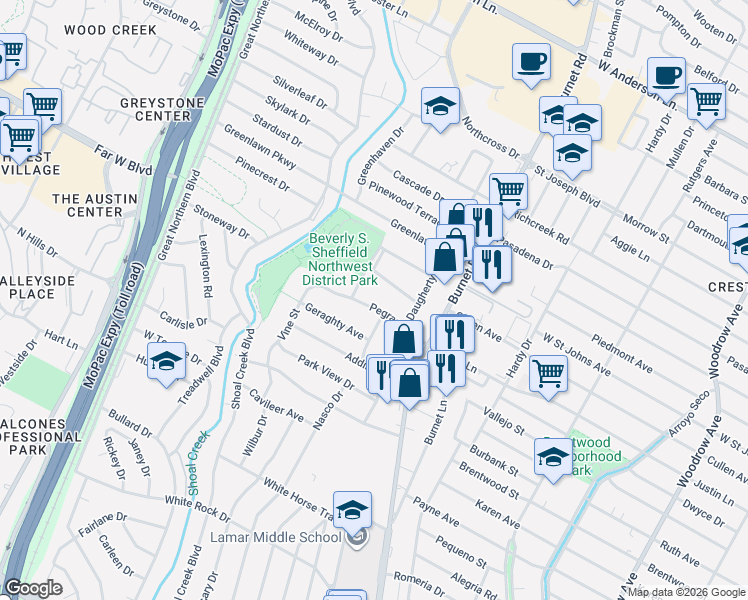map of restaurants, bars, coffee shops, grocery stores, and more near 2604 Pegram Avenue in Austin