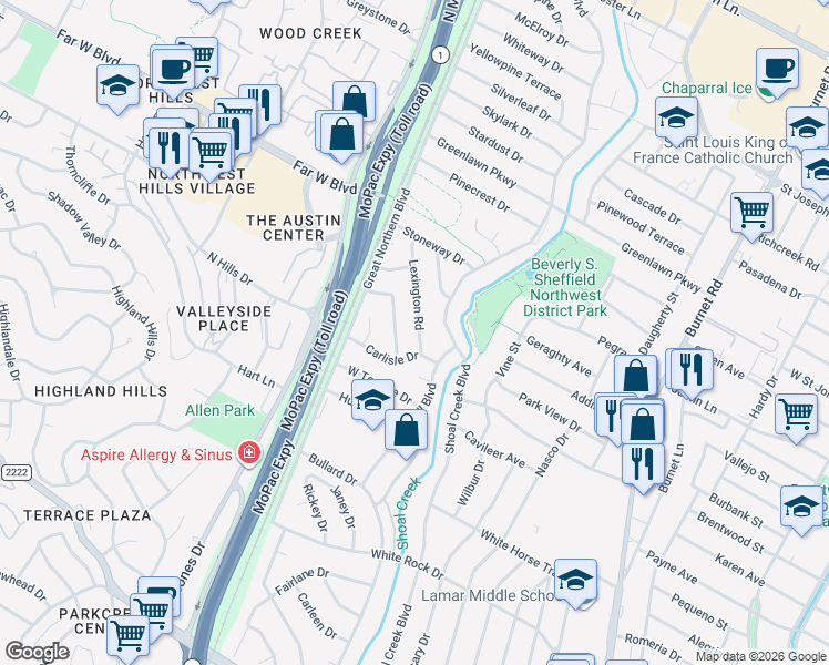 map of restaurants, bars, coffee shops, grocery stores, and more near 6603 Argentia Road in Austin