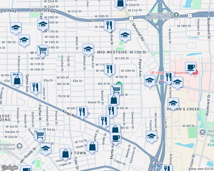 map of restaurants, bars, coffee shops, grocery stores, and more near 1328 8th Street West in Jacksonville