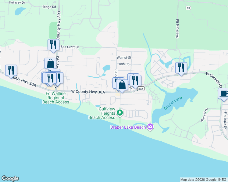 map of restaurants, bars, coffee shops, grocery stores, and more near 3871 West County Highway 30A in Santa Rosa Beach