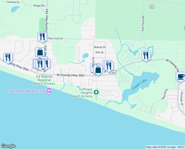 map of restaurants, bars, coffee shops, grocery stores, and more near 3871 West County Highway 30A in Santa Rosa Beach