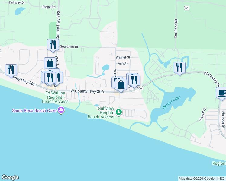 map of restaurants, bars, coffee shops, grocery stores, and more near 3871 West County Highway 30A in Santa Rosa Beach