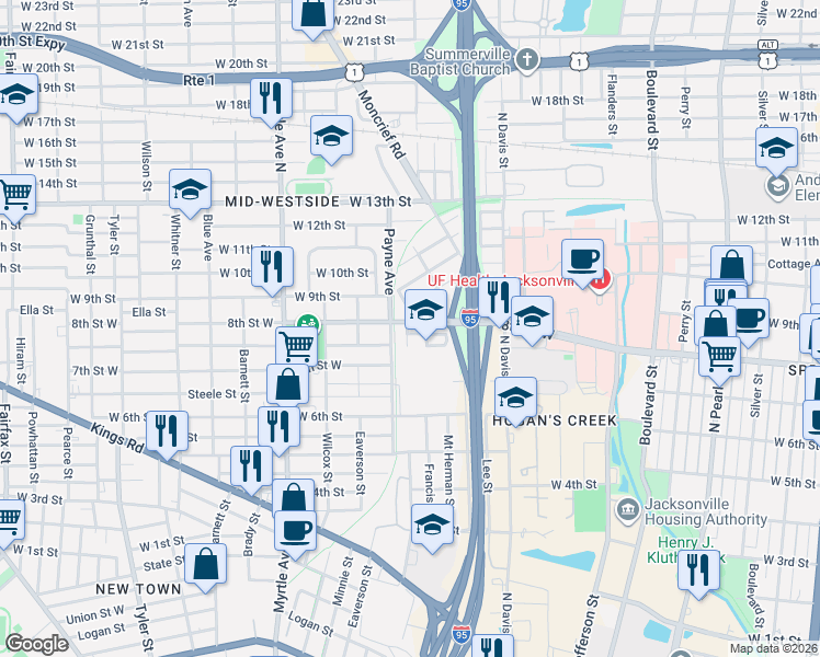 map of restaurants, bars, coffee shops, grocery stores, and more near 1767 Cleveland Street in Jacksonville