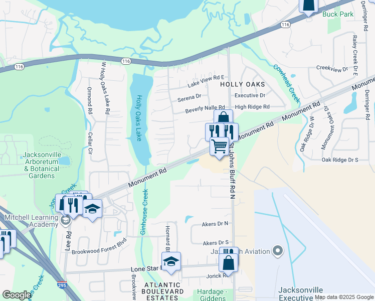 map of restaurants, bars, coffee shops, grocery stores, and more near 1527 East Holly Oaks Lake Road in Jacksonville