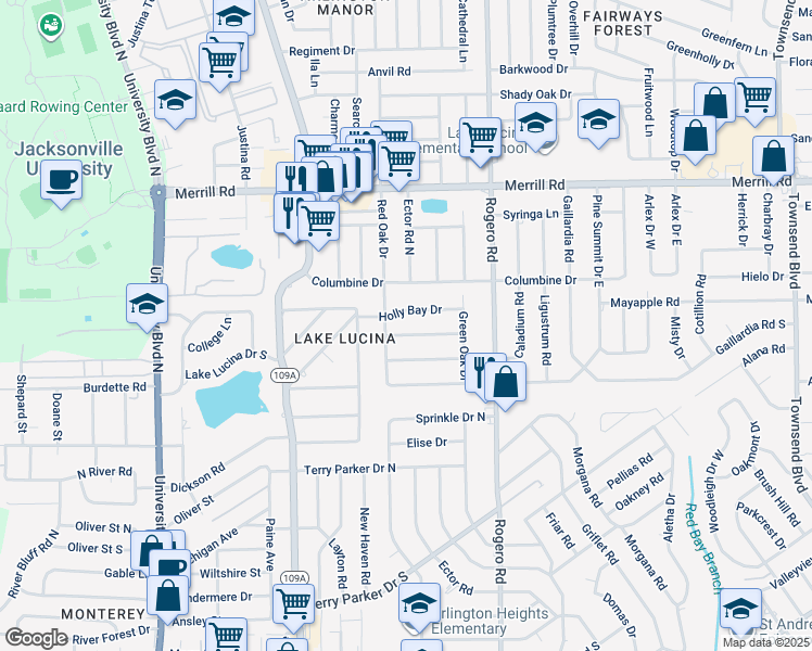 map of restaurants, bars, coffee shops, grocery stores, and more near 6236 Pine Cove Lane in Jacksonville
