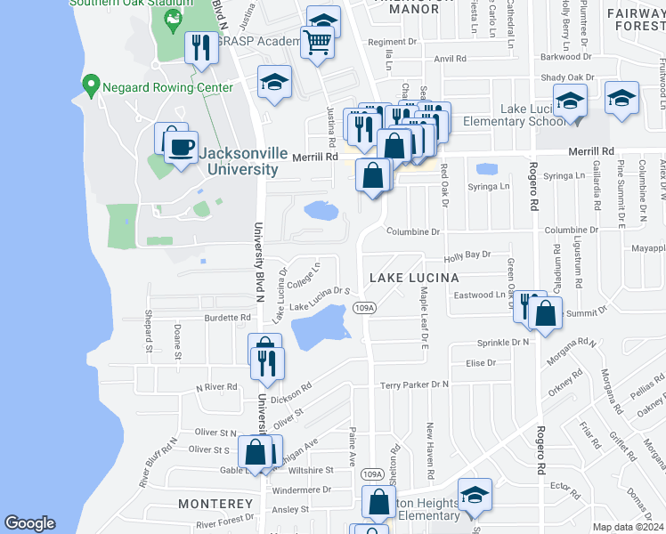 map of restaurants, bars, coffee shops, grocery stores, and more near 5859 Lake Lucina Drive North in Jacksonville