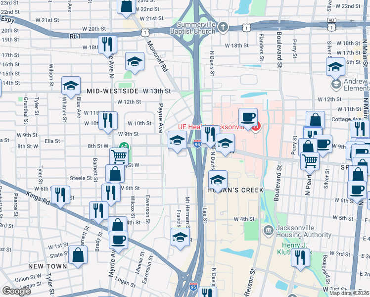 map of restaurants, bars, coffee shops, grocery stores, and more near 1757 Mount Herman Street in Jacksonville