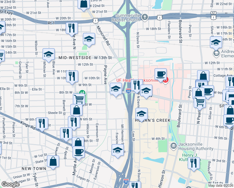 map of restaurants, bars, coffee shops, grocery stores, and more near 1767 Cleveland Street in Jacksonville