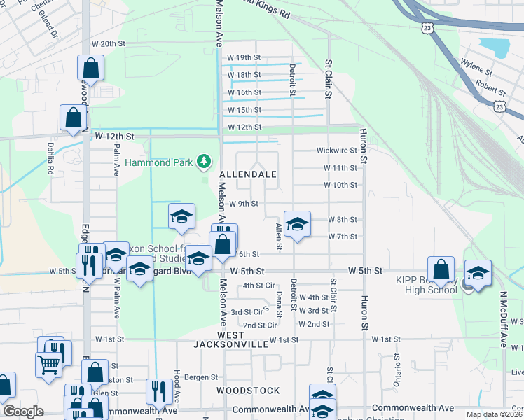 map of restaurants, bars, coffee shops, grocery stores, and more near 1836 Alfen Street in Jacksonville