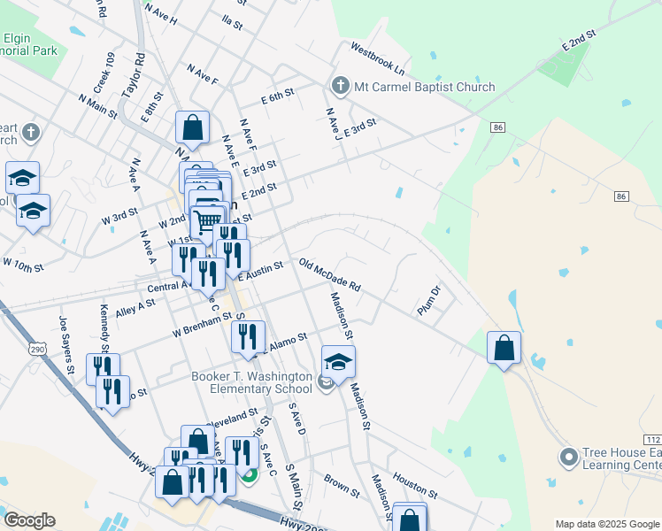 map of restaurants, bars, coffee shops, grocery stores, and more near 500 Old McDade Road in Elgin
