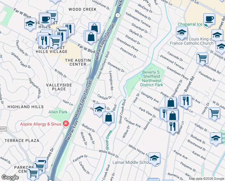map of restaurants, bars, coffee shops, grocery stores, and more near 6603 Argentia Road in Austin