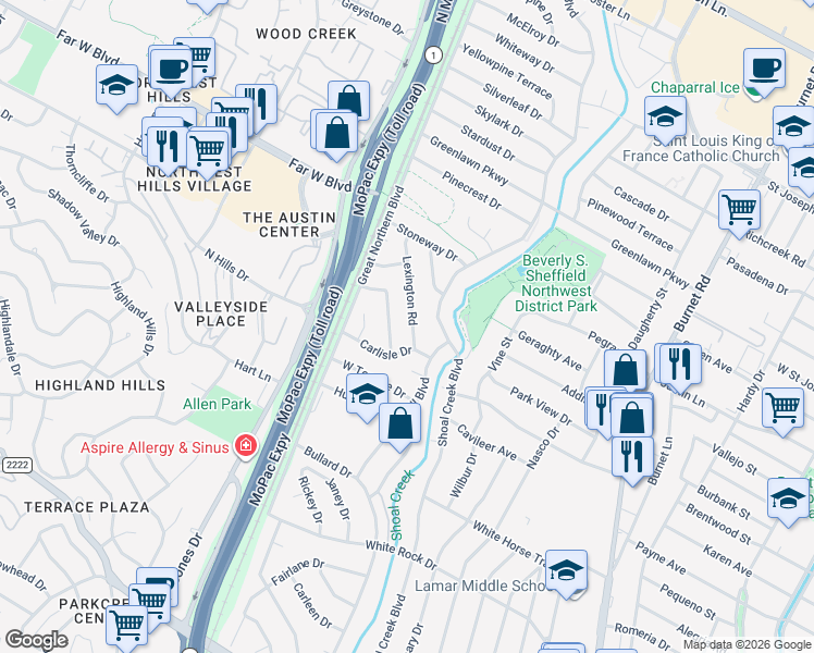 map of restaurants, bars, coffee shops, grocery stores, and more near 6603 Argentia Road in Austin