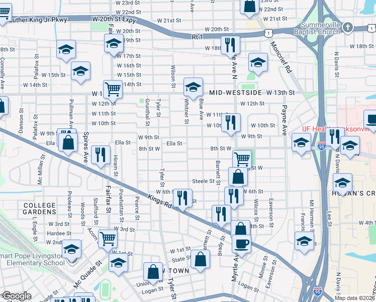 map of restaurants, bars, coffee shops, grocery stores, and more near 1486 Mc Conihe Street in Jacksonville