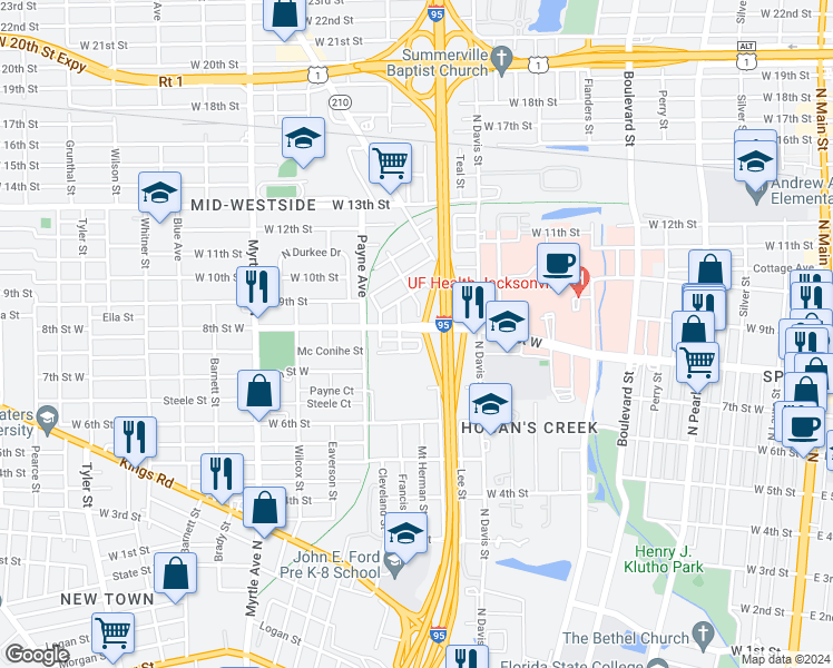 map of restaurants, bars, coffee shops, grocery stores, and more near 1757 Mount Herman Street in Jacksonville