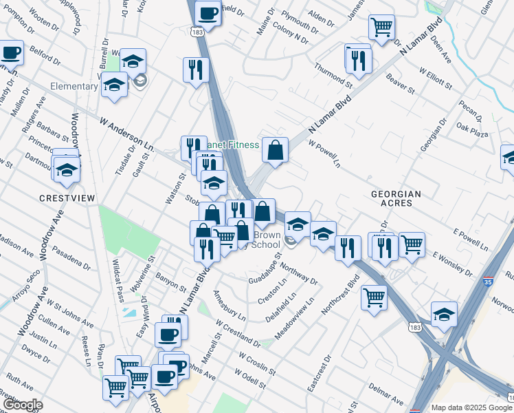 map of restaurants, bars, coffee shops, grocery stores, and more near U.S. 183 in Austin