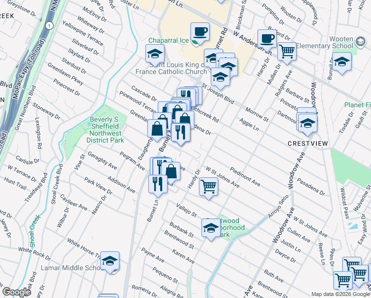 map of restaurants, bars, coffee shops, grocery stores, and more near 7113 Burnet Road in Austin
