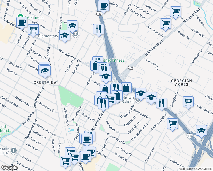 map of restaurants, bars, coffee shops, grocery stores, and more near 7720 North Lamar Boulevard in Austin