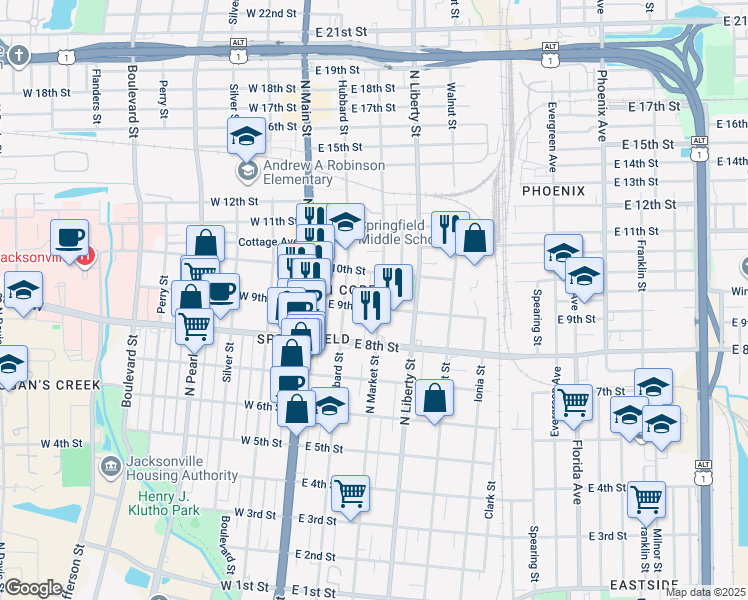 map of restaurants, bars, coffee shops, grocery stores, and more near 1912 North Market Street in Jacksonville