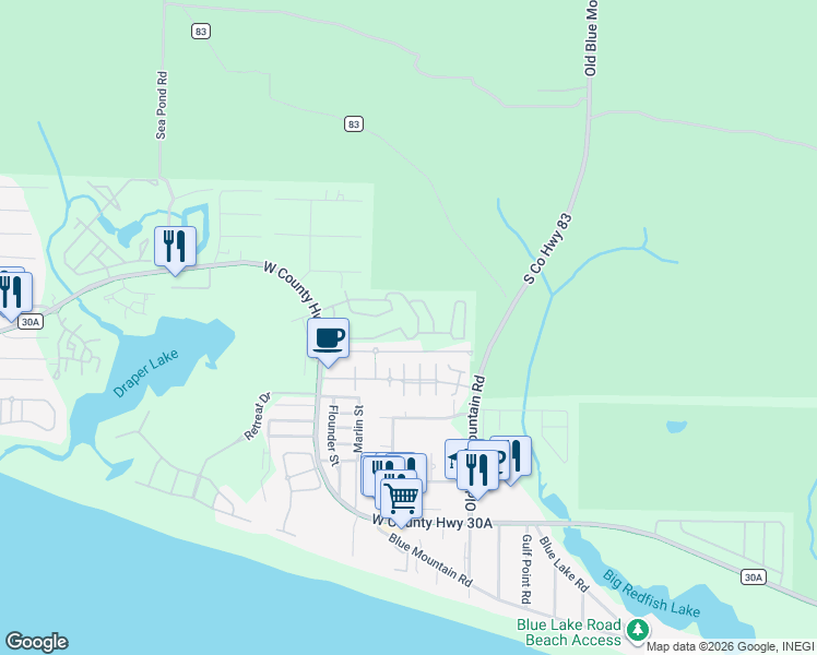 map of restaurants, bars, coffee shops, grocery stores, and more near 193 Ventana Boulevard in Santa Rosa Beach