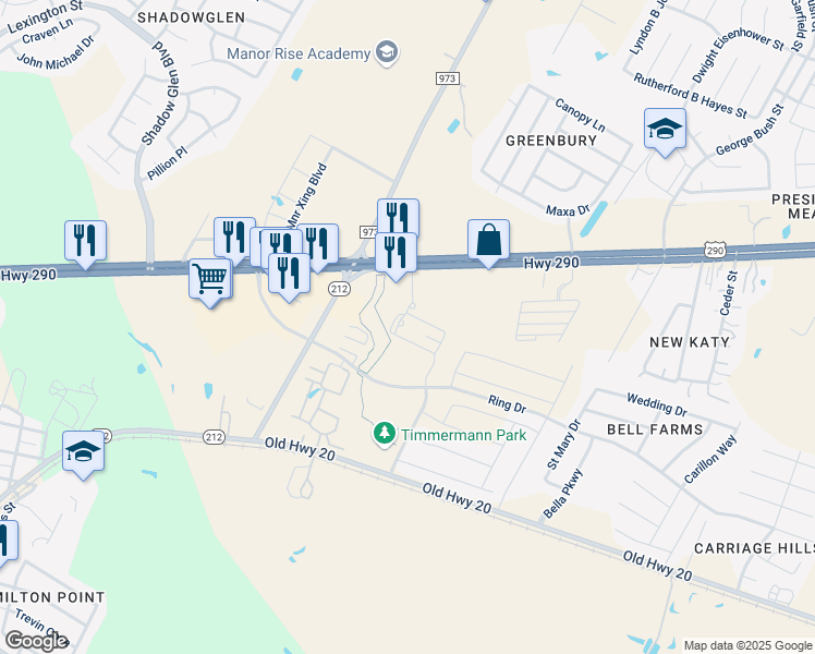 map of restaurants, bars, coffee shops, grocery stores, and more near 12219 U.S. 290 in Manor