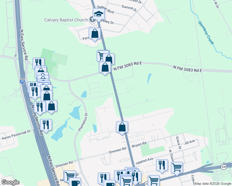 map of restaurants, bars, coffee shops, grocery stores, and more near 2545 North Frazier Street in Conroe