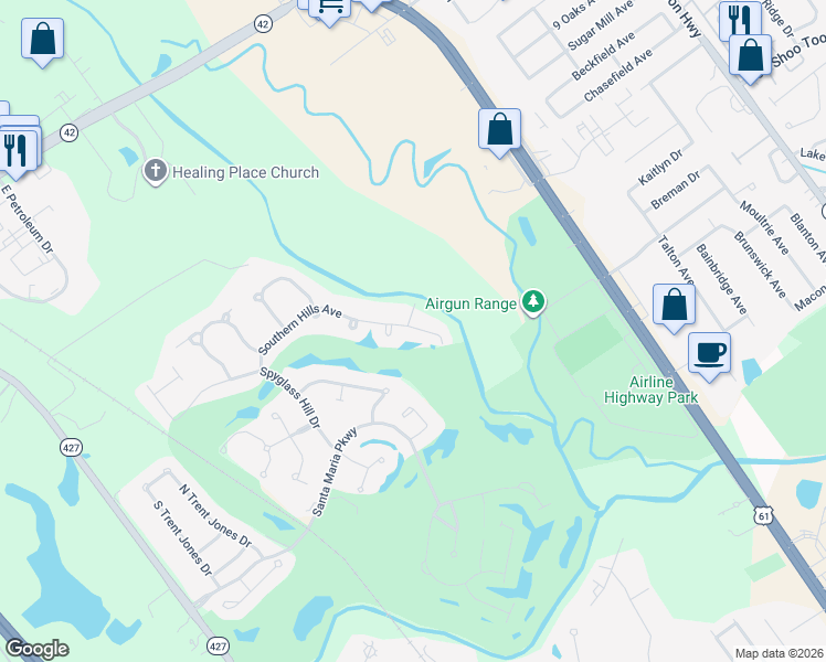 map of restaurants, bars, coffee shops, grocery stores, and more near 19860 Southern Hills Avenue in Baton Rouge