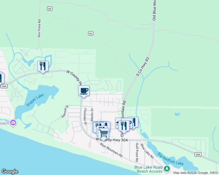 map of restaurants, bars, coffee shops, grocery stores, and more near 279 Ventana Boulevard in Santa Rosa Beach
