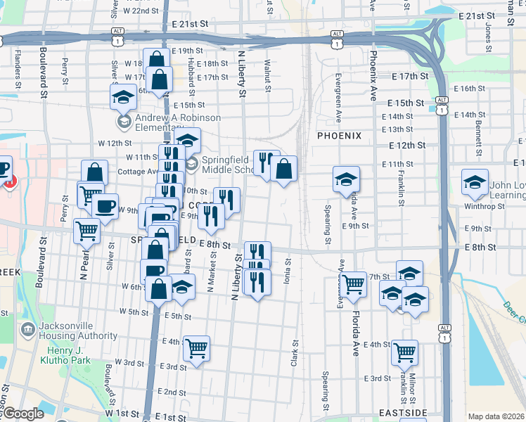 map of restaurants, bars, coffee shops, grocery stores, and more near 346 East 9th Street in Jacksonville