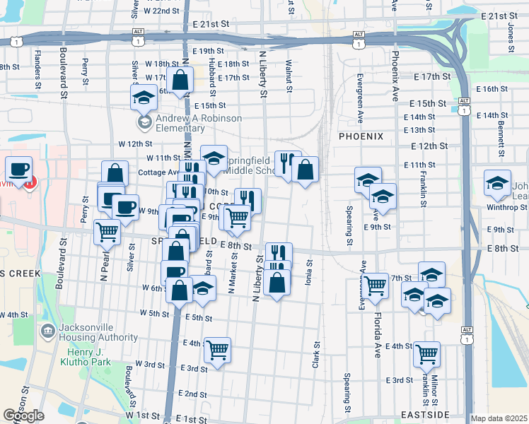 map of restaurants, bars, coffee shops, grocery stores, and more near 1850 North Liberty Street in Jacksonville