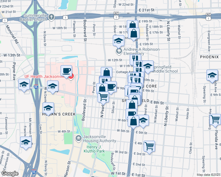 map of restaurants, bars, coffee shops, grocery stores, and more near 1821 Silver Street in Jacksonville
