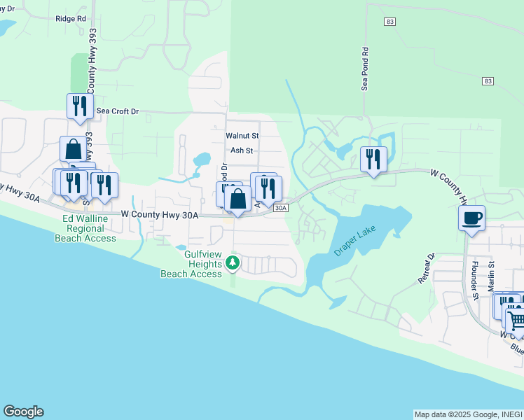 map of restaurants, bars, coffee shops, grocery stores, and more near 53 Buddy Street in Santa Rosa Beach