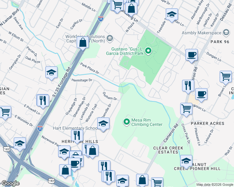 map of restaurants, bars, coffee shops, grocery stores, and more near 1101 Durham Drive in Austin