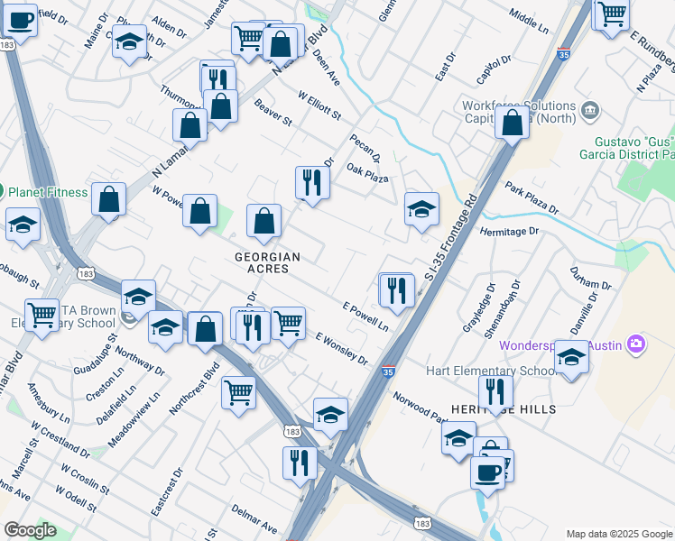 map of restaurants, bars, coffee shops, grocery stores, and more near 8207 Sam Rayburn Drive in Austin