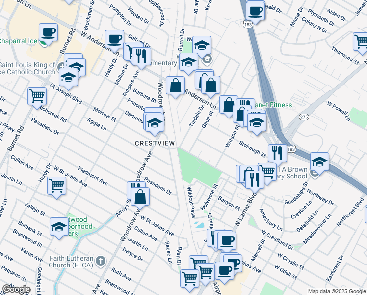 map of restaurants, bars, coffee shops, grocery stores, and more near 7519 Grover Avenue in Austin