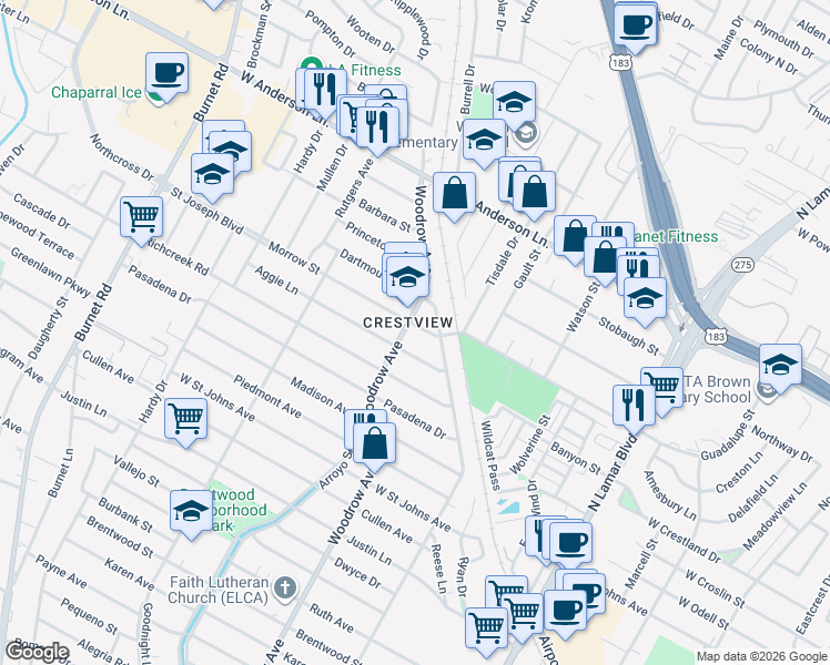 map of restaurants, bars, coffee shops, grocery stores, and more near 1304 Aggie Lane in Austin