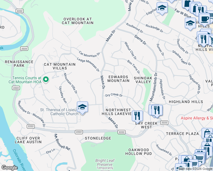 map of restaurants, bars, coffee shops, grocery stores, and more near 6003 Mesa Drive in Austin
