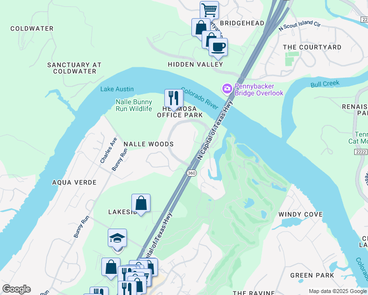 map of restaurants, bars, coffee shops, grocery stores, and more near 4801 Plaza on the Lake in Austin