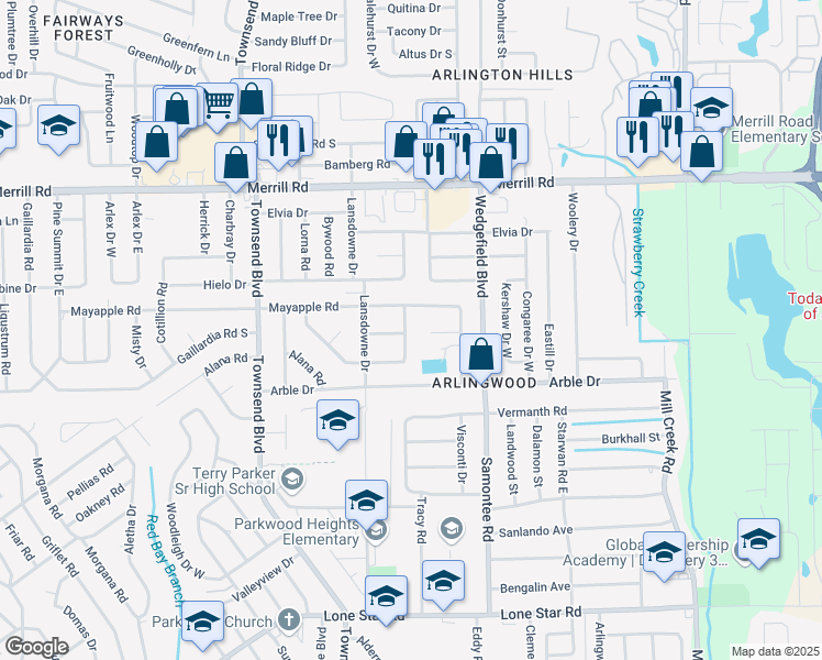 map of restaurants, bars, coffee shops, grocery stores, and more near 2539 Burlingame Drive East in Jacksonville