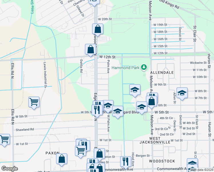 map of restaurants, bars, coffee shops, grocery stores, and more near 3504 Poinsetta Street in Jacksonville
