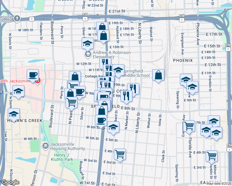 map of restaurants, bars, coffee shops, grocery stores, and more near 32 East 10th Street in Jacksonville
