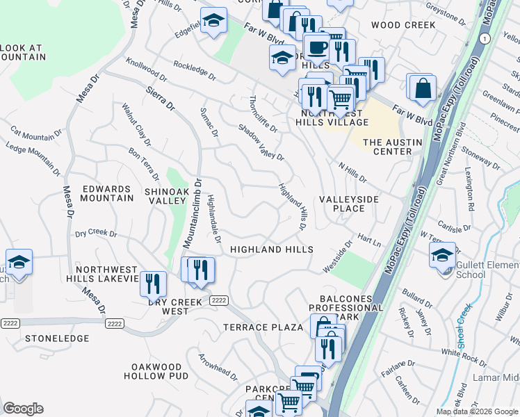 map of restaurants, bars, coffee shops, grocery stores, and more near 3601 Laurel Ledge Lane in Austin