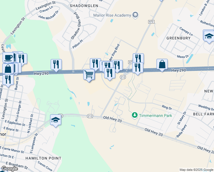 map of restaurants, bars, coffee shops, grocery stores, and more near in Manor