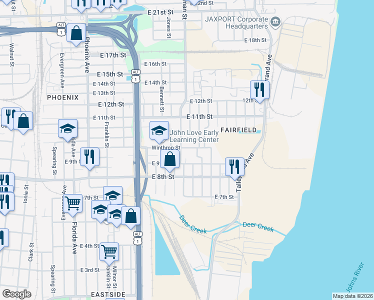map of restaurants, bars, coffee shops, grocery stores, and more near 1983 Lambert Street in Jacksonville