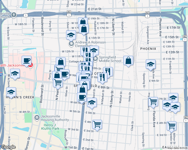 map of restaurants, bars, coffee shops, grocery stores, and more near 32 East 10th Street in Jacksonville