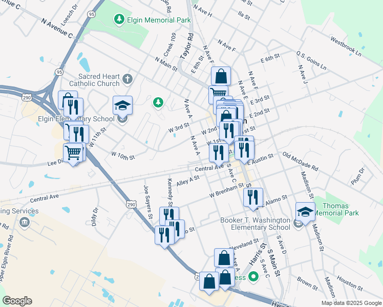 map of restaurants, bars, coffee shops, grocery stores, and more near 104 North Avenue A in Elgin