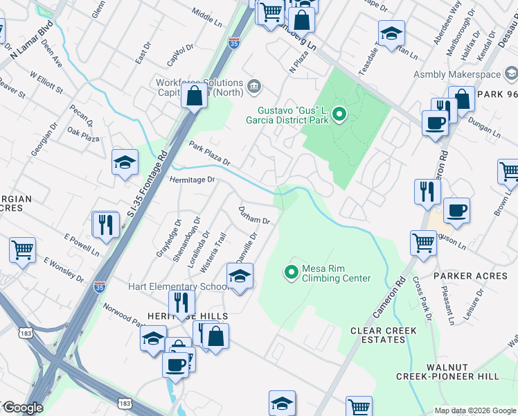 map of restaurants, bars, coffee shops, grocery stores, and more near 1020 Hermitage Drive in Austin